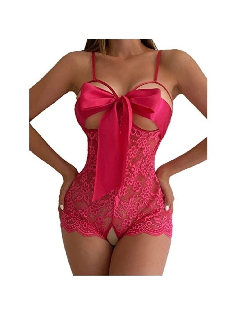 Front Bow Cover Pink Teddy Lingerie One Piece Floral Lace Bodysuit Babydoll NWT